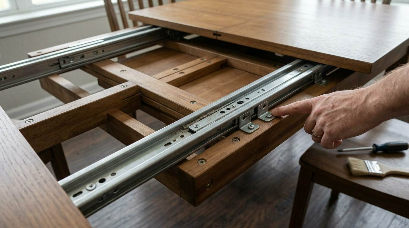 Close-up of metal dining table extension slides, mounting screws, and brackets beneath a wooden tabletop